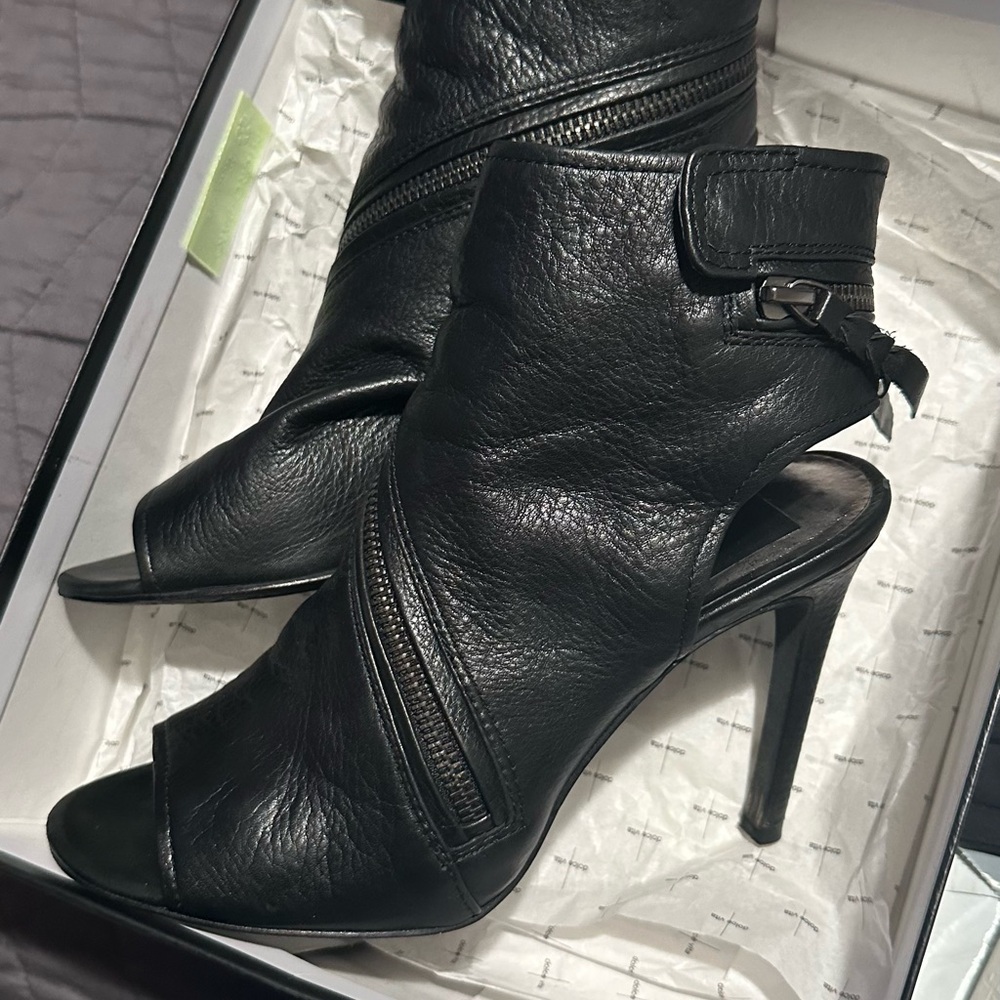 Black Leather Peep-Toe Ankle Boots